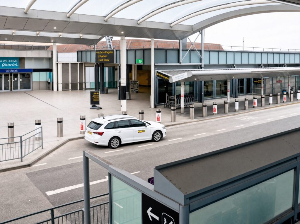 Taxi dropping off at an airport terminal